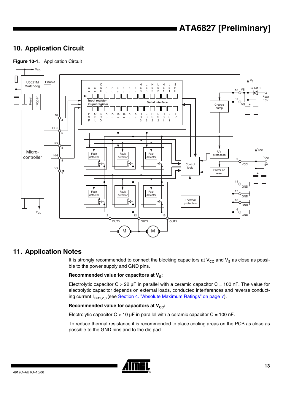 Ata6827 [preliminary, Application circuit, Figure 10-1. application circuit | And v, Micro- controller | Rainbow Electronics ATA6827 User Manual | Page 13 / 15