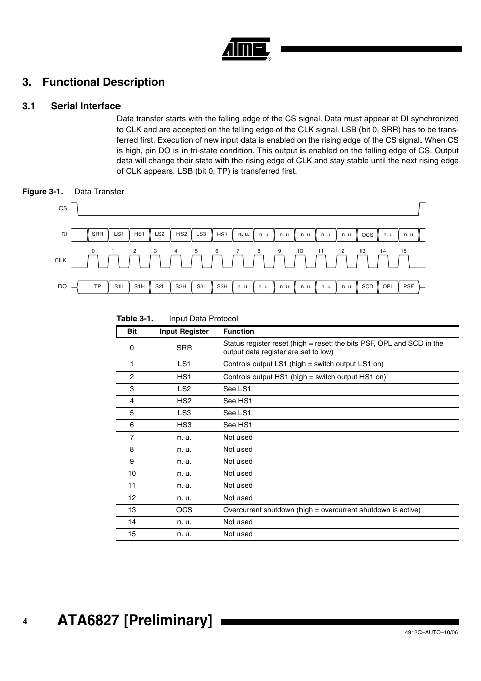 Ata6827 [preliminary, Functional description, 1 serial interface | Rainbow Electronics ATA6827 User Manual | Page 4 / 15