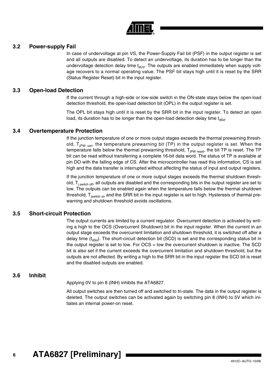 Ata6827 [preliminary, 2 power-supply fail, 3 open-load detection | 4 overtemperature protection, 5 short-circuit protection, 6 inhibit | Rainbow Electronics ATA6827 User Manual | Page 6 / 15