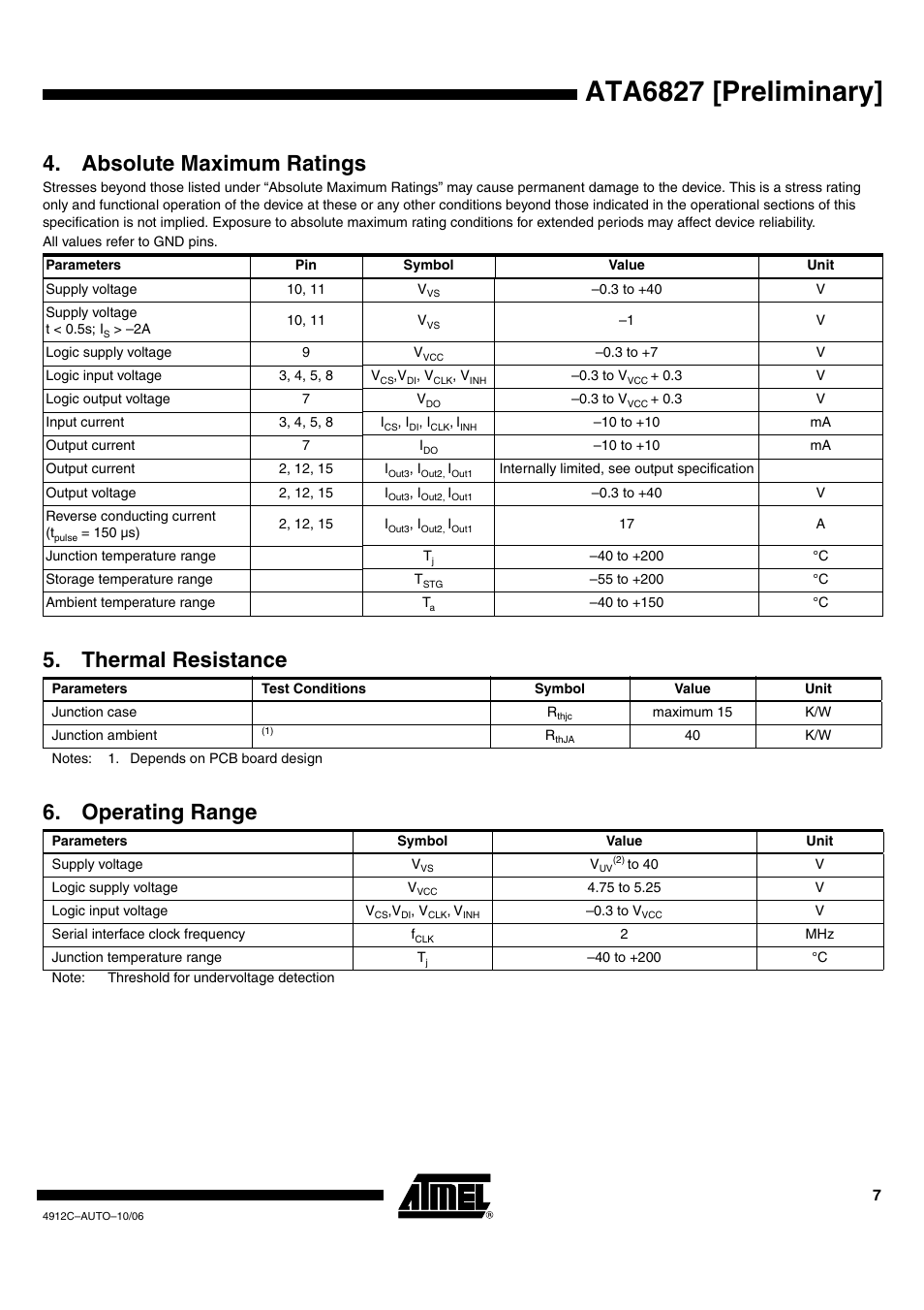 Ata6827 [preliminary, Absolute maximum ratings, Thermal resistance | Operating range | Rainbow Electronics ATA6827 User Manual | Page 7 / 15