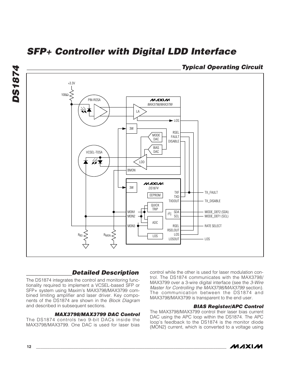 Typical operating circuit, Detailed description, Max3798/max3799 dac control | Bias register/apc control, Ds1874 sfp+ controller with digital ldd interface | Rainbow Electronics DS1874 User Manual | Page 12 / 88