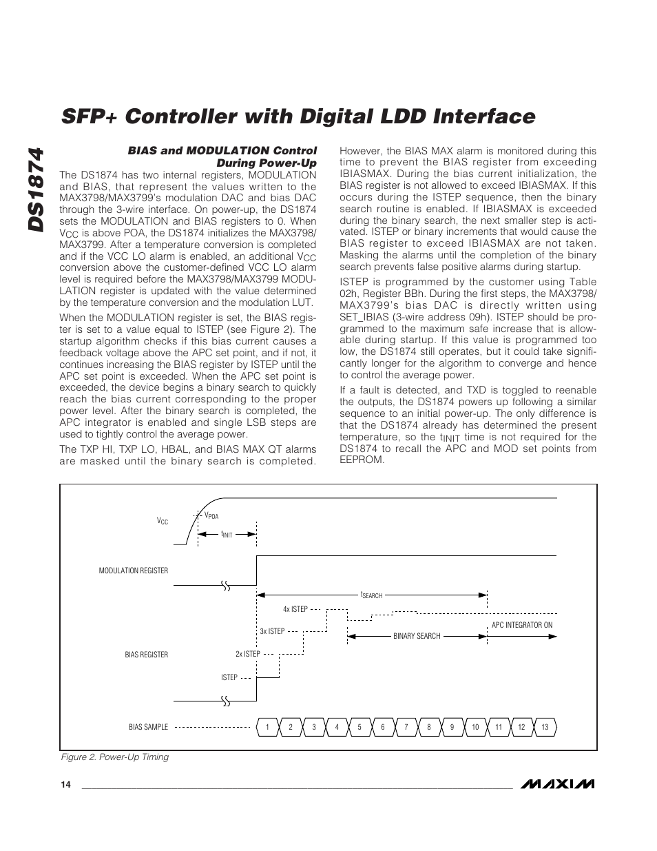 Bias and modulation control, Bias and modulation control during power-up, Figure 2. power-up timing | Ds1874 sfp+ controller with digital ldd interface | Rainbow Electronics DS1874 User Manual | Page 14 / 88