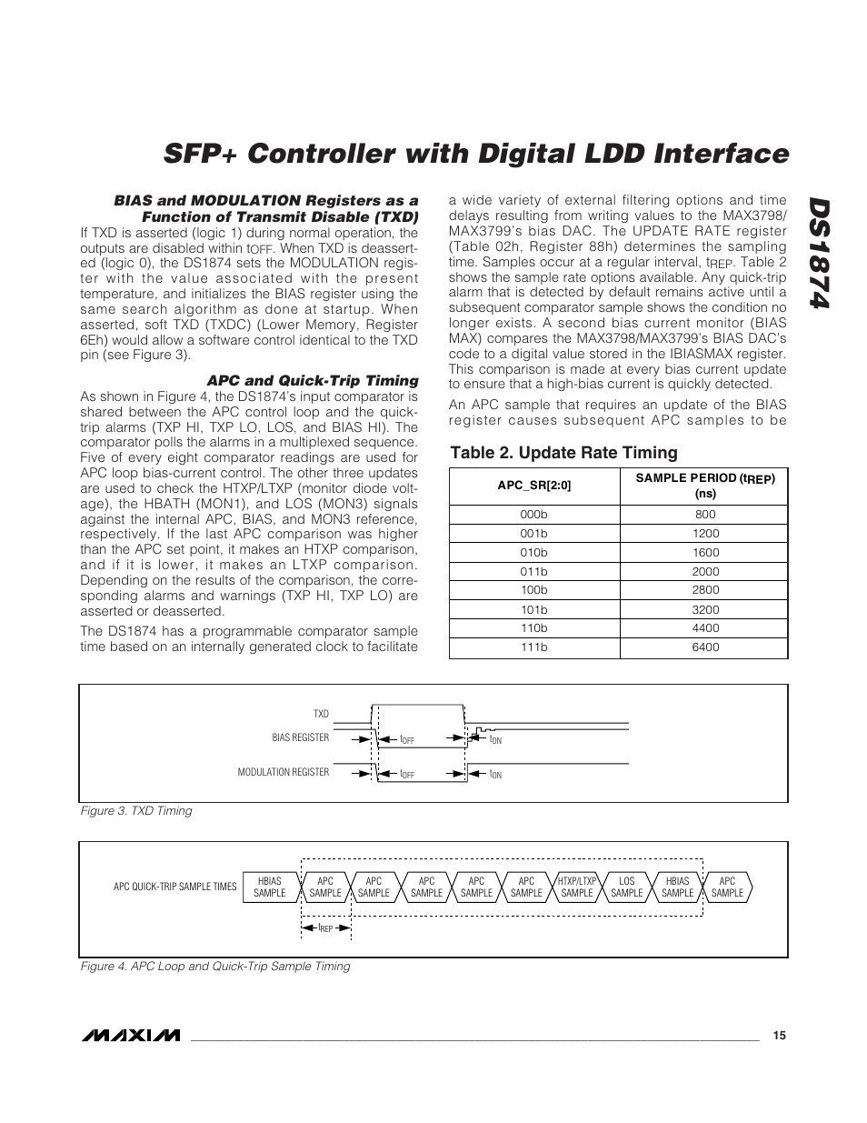 Bias and modulation register, Apc and quick-trip timing, Figure 3. txd timing | Figure 4. apc loop and quick-trip sample timing, Table 2. update rate timing, Ds1874 sfp+ controller with digital ldd interface | Rainbow Electronics DS1874 User Manual | Page 15 / 88