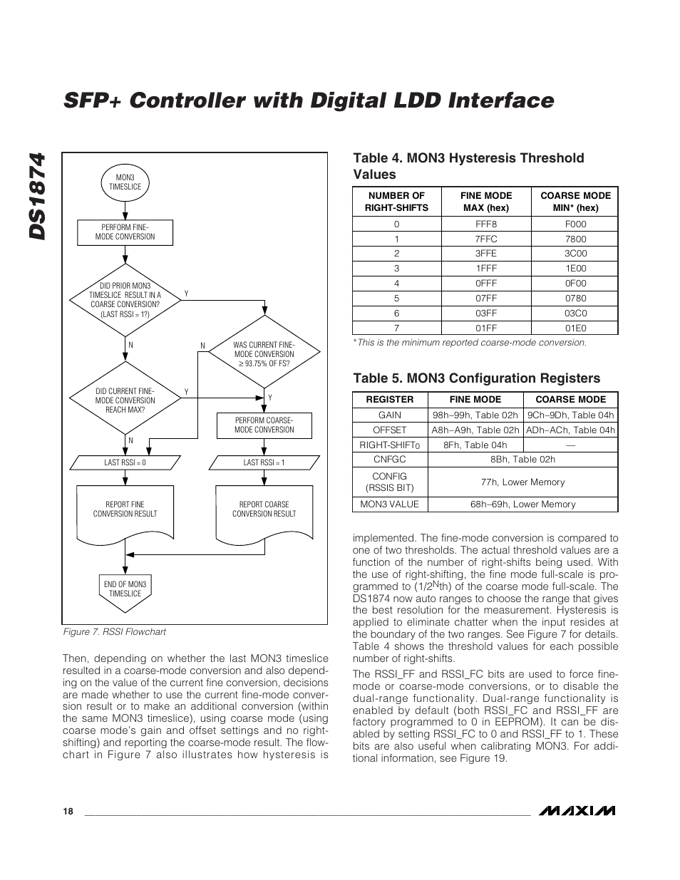 Figure 7. rssi flowchart, Table 4. mon3 hysteresis threshold values, Table 5. mon3 configuration registers | Ds1874 sfp+ controller with digital ldd interface | Rainbow Electronics DS1874 User Manual | Page 18 / 88