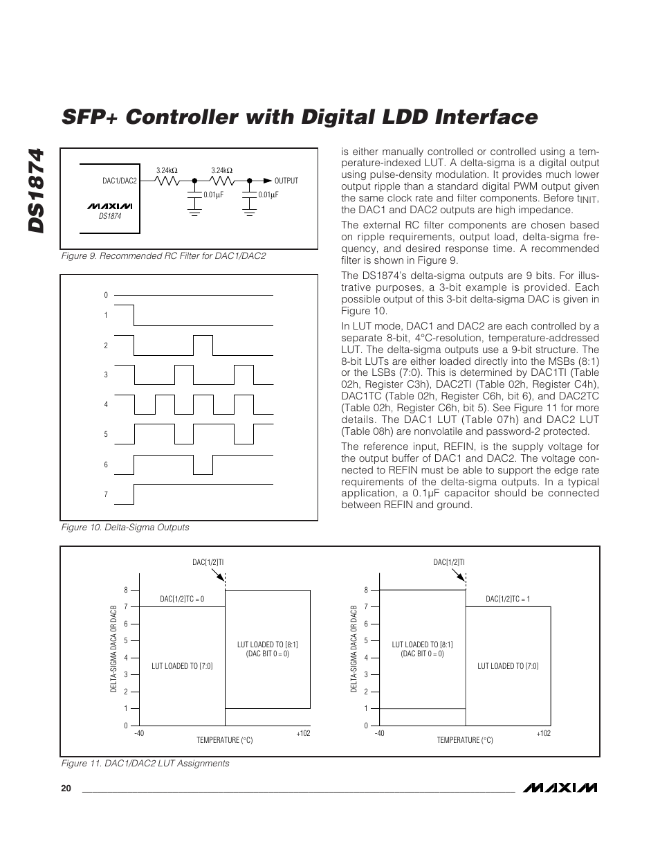 Figure 9. recommended rc filter for dac1/dac2, Figure 10. delta-sigma outputs, Figure 11. dac1/dac2 lut assignments | Ds1874, Sfp+ controller with digital ldd interface | Rainbow Electronics DS1874 User Manual | Page 20 / 88