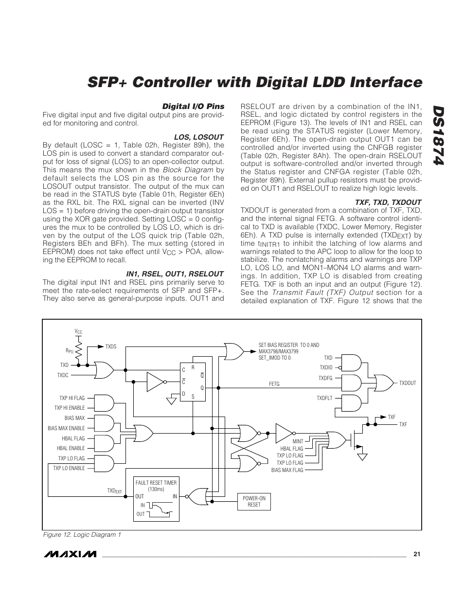 Digital i/o pins, Los, losout, In1, rsel, out1, rselout | Txf, txd, txdout, Figure 12. logic diagram 1, Ds1874 sfp+ controller with digital ldd interface | Rainbow Electronics DS1874 User Manual | Page 21 / 88