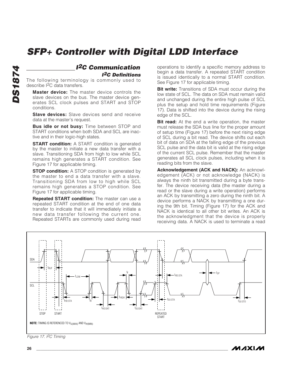 I2c communication, I2c definitions, C communication | C definitions, Figure 17. i, C timing, Ds1874 sfp+ controller with digital ldd interface | Rainbow Electronics DS1874 User Manual | Page 26 / 88