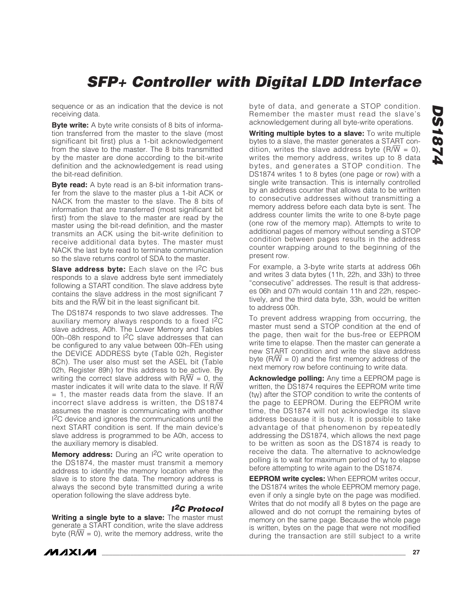 I2c protocol, C protocol, Ds1874 | Sfp+ controller with digital ldd interface | Rainbow Electronics DS1874 User Manual | Page 27 / 88