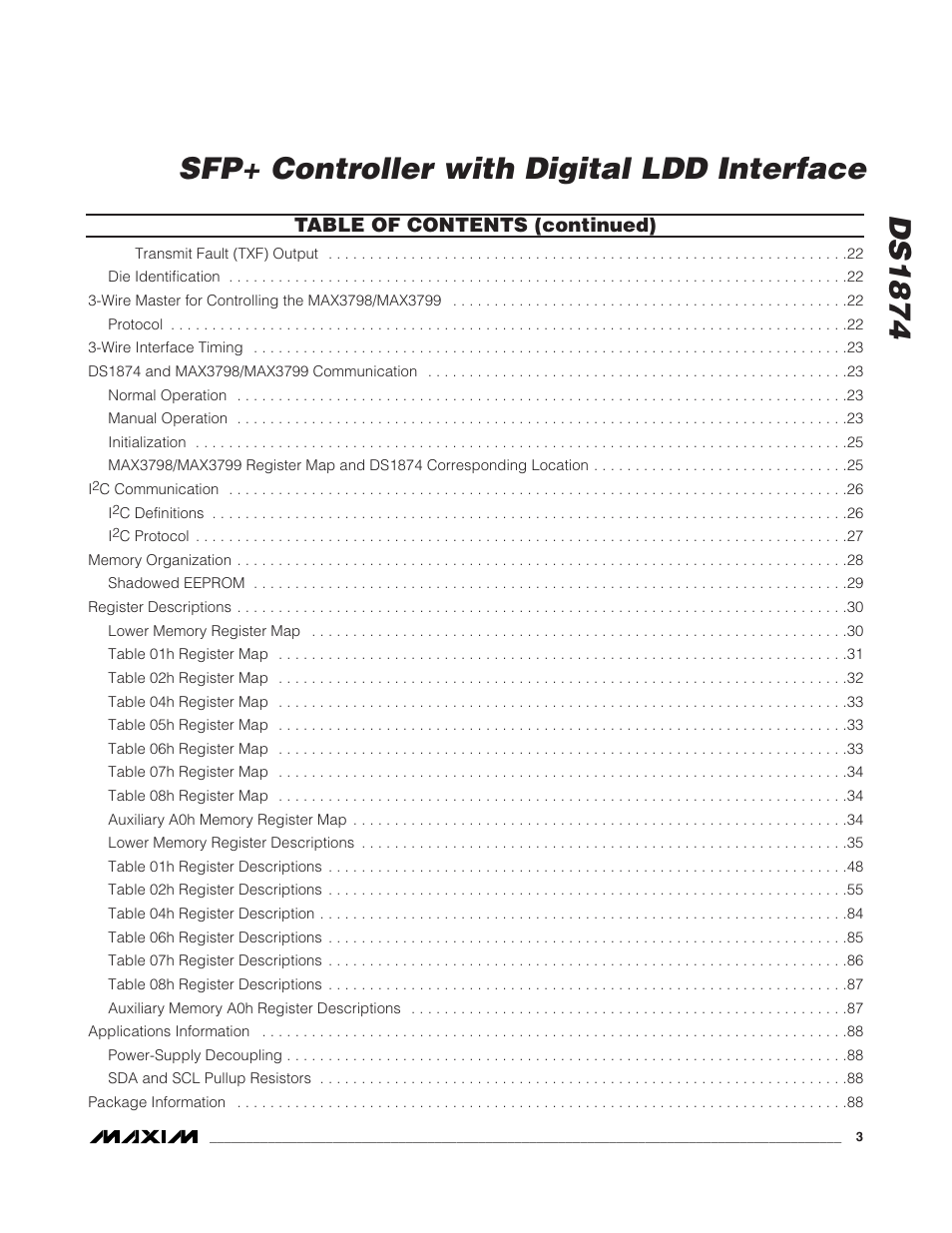 Ds1874, Sfp+ controller with digital ldd interface, Table of contents (continued) | Rainbow Electronics DS1874 User Manual | Page 3 / 88