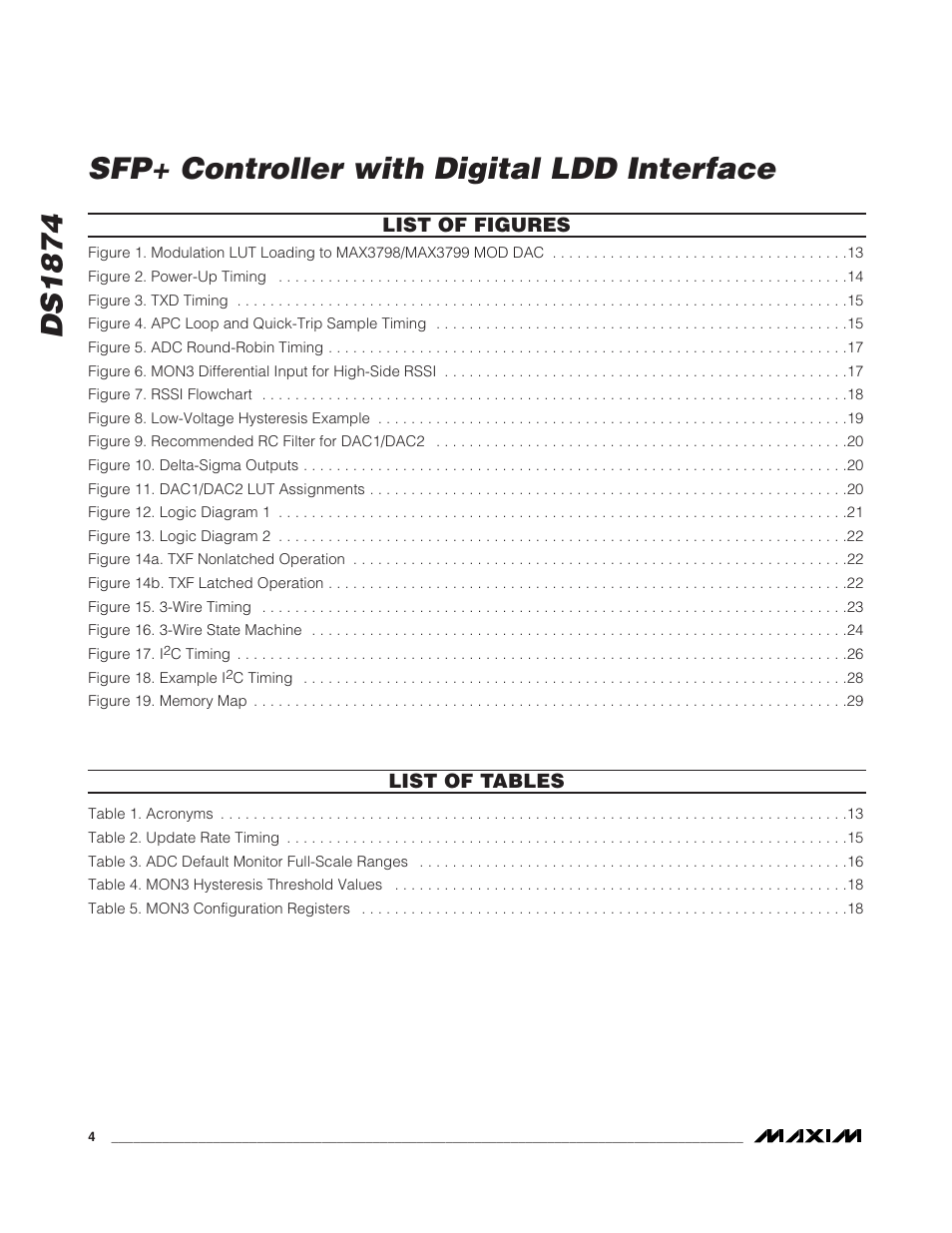 List of figures, List of tables, Ds1874 sfp+ controller with digital ldd interface | List of figures list of tables | Rainbow Electronics DS1874 User Manual | Page 4 / 88