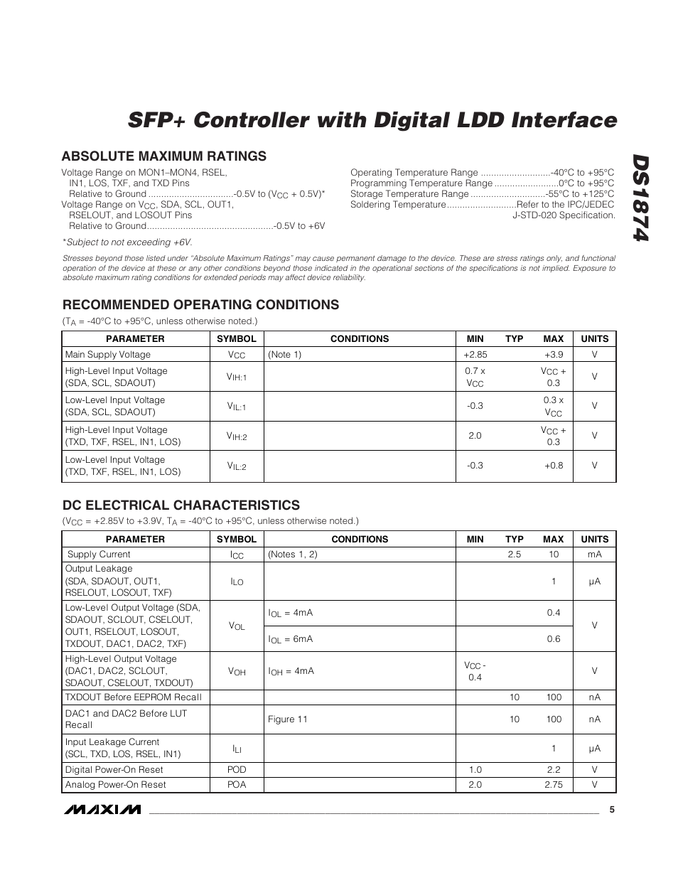 Absolute maximum ratings, Recommended operating condit, Dc electrical characteristics | Recommended operating conditions, Ds1874, Sfp+ controller with digital ldd interface | Rainbow Electronics DS1874 User Manual | Page 5 / 88