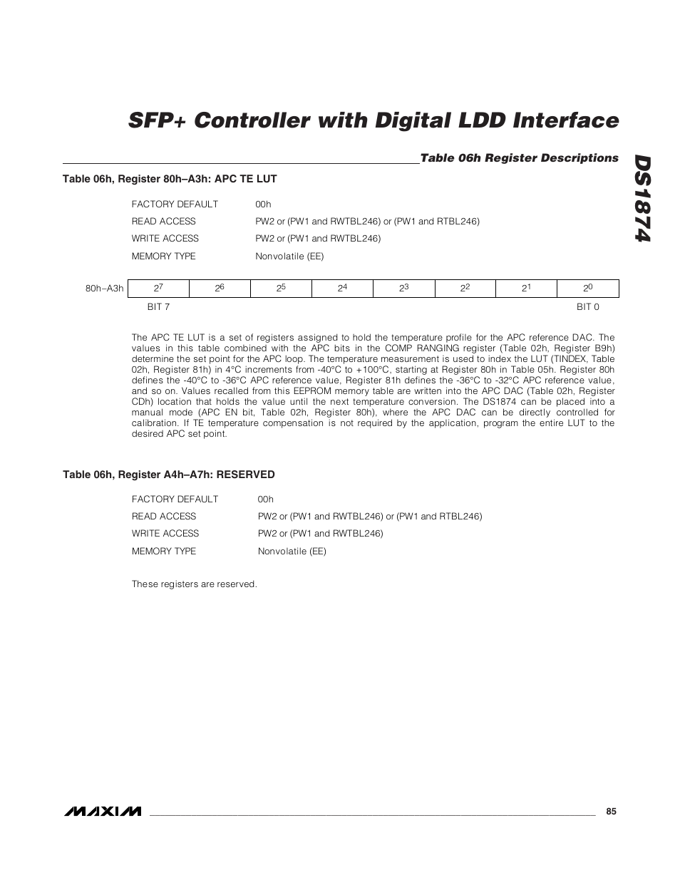 Table 06h register descriptions, Ds1874 sfp+ controller with digital ldd interface | Rainbow Electronics DS1874 User Manual | Page 85 / 88