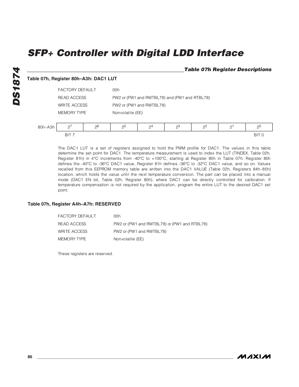 Table 07h register descriptions, Ds1874 sfp+ controller with digital ldd interface | Rainbow Electronics DS1874 User Manual | Page 86 / 88