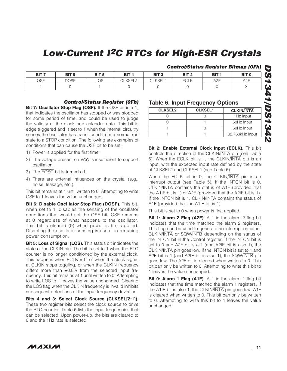 Low-current i, Table 6. input frequency options | Rainbow Electronics DS1342 User Manual | Page 11 / 14