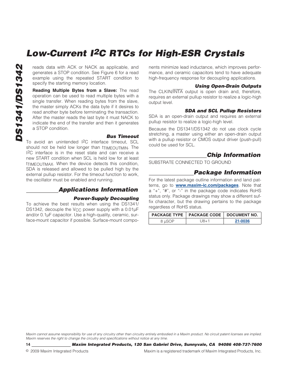 Low-current i, Applications information, Chip information | Package information | Rainbow Electronics DS1342 User Manual | Page 14 / 14