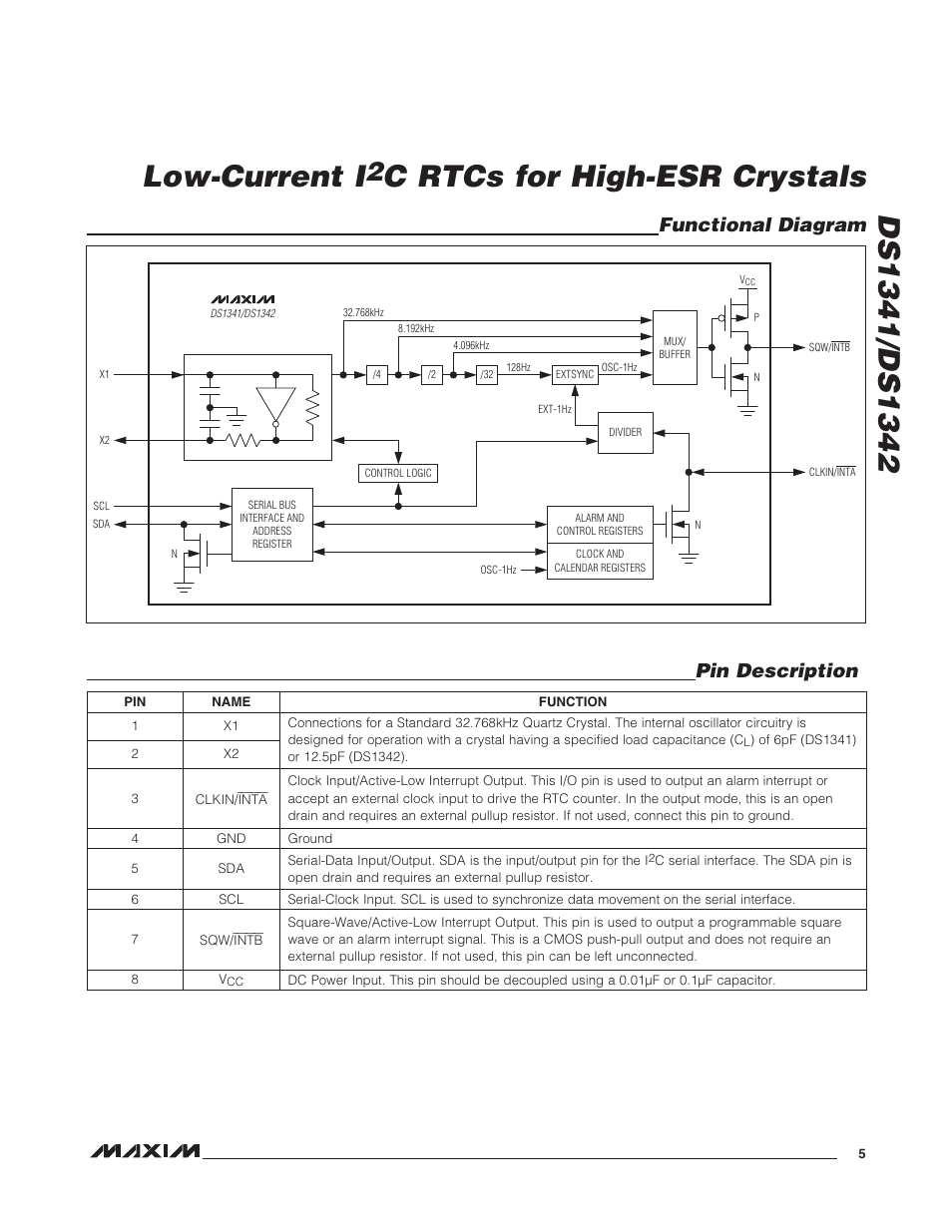 Low-current i, Functional diagram pin description | Rainbow Electronics DS1342 User Manual | Page 5 / 14