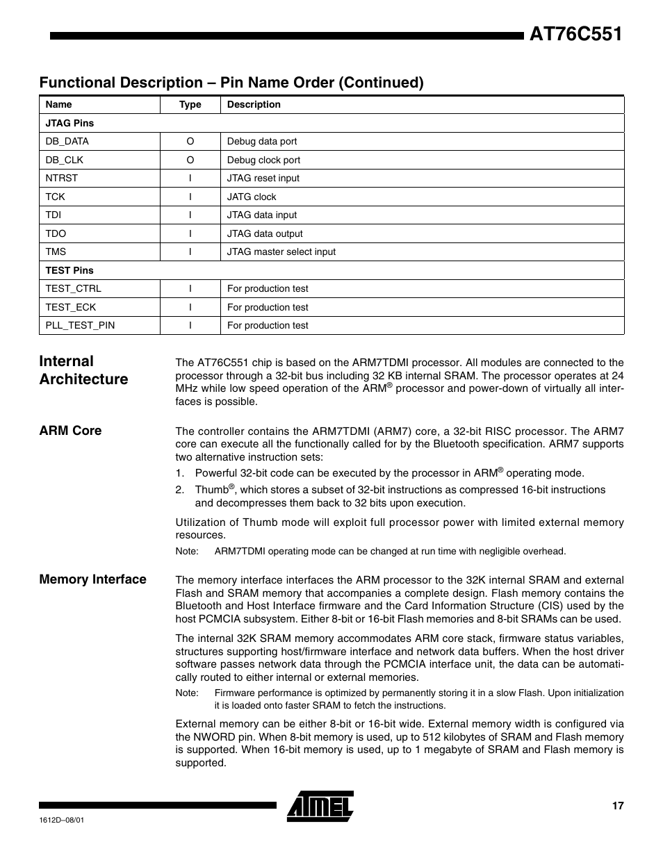 Internal architecture, Arm core, Memory interface | Rainbow Electronics AT76C551 User Manual | Page 17 / 77