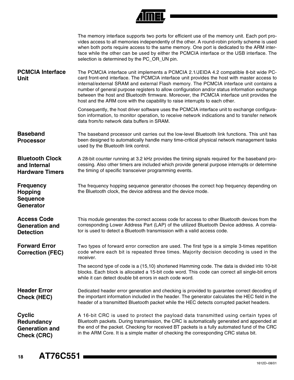 Pcmcia interface unit, Baseband processor, Bluetooth clock and internal hardware timers | Frequency hopping sequence generator, Access code generation and detection, Forward error correction (fec), Header error check (hec), Cyclic redundancy generation and check (crc) | Rainbow Electronics AT76C551 User Manual | Page 18 / 77