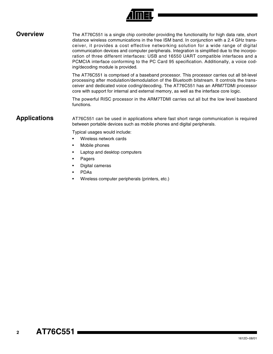 Overview, Applications | Rainbow Electronics AT76C551 User Manual | Page 2 / 77