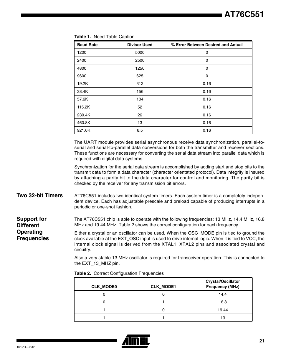 Two 32-bit timers, Support for different operating frequencies | Rainbow Electronics AT76C551 User Manual | Page 21 / 77