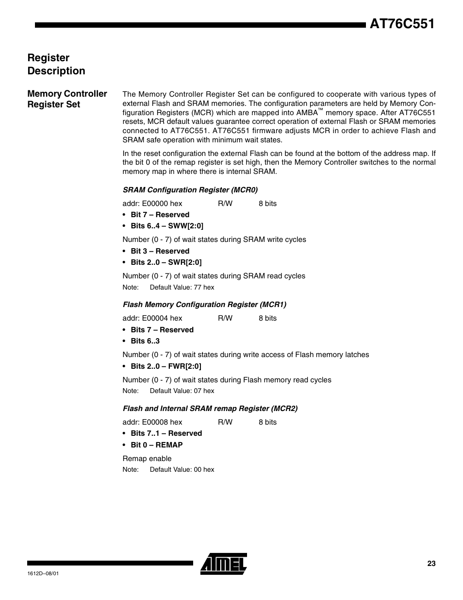 Register description, Memory controller register set | Rainbow Electronics AT76C551 User Manual | Page 23 / 77