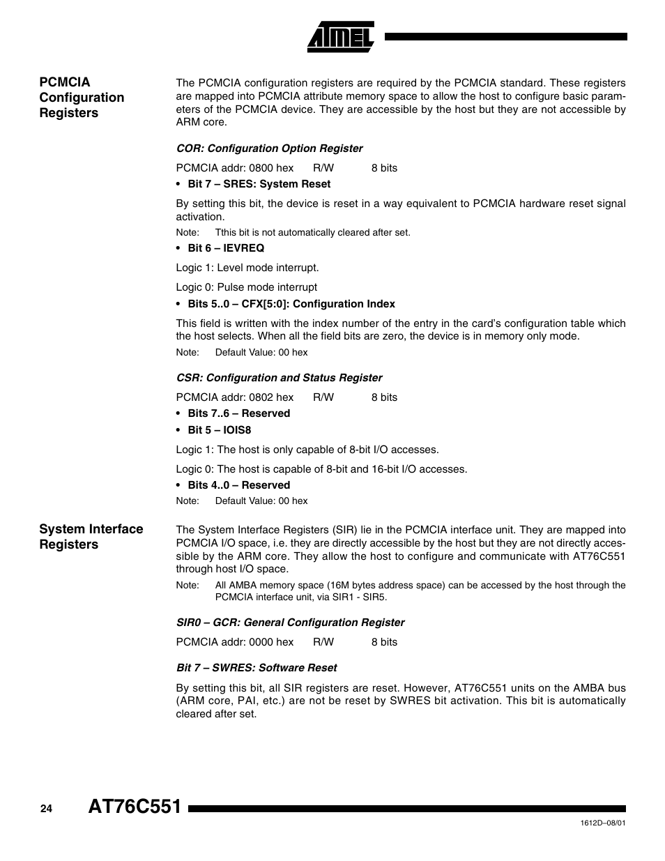 Pcmcia configuration registers, System interface registers | Rainbow Electronics AT76C551 User Manual | Page 24 / 77