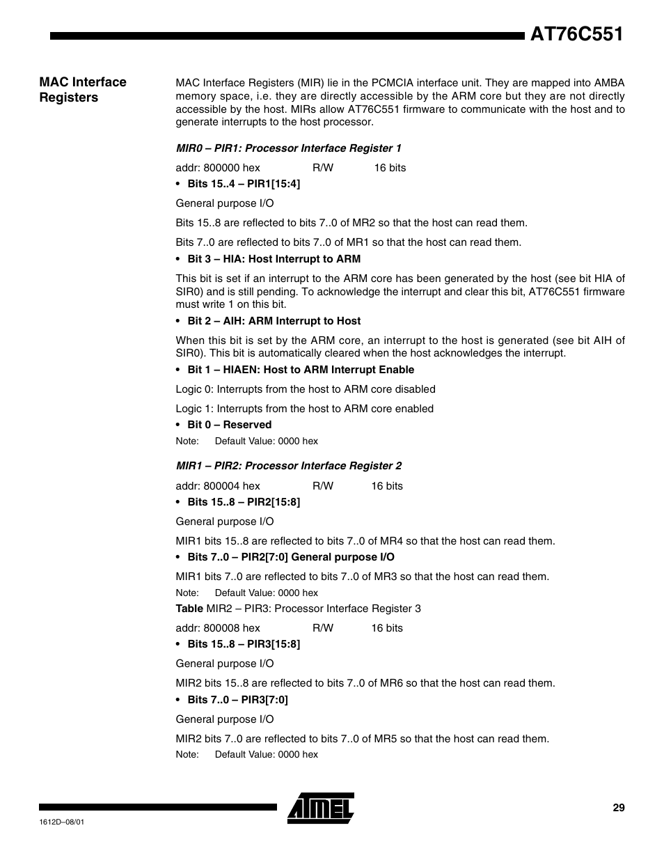 Mac interface registers | Rainbow Electronics AT76C551 User Manual | Page 29 / 77