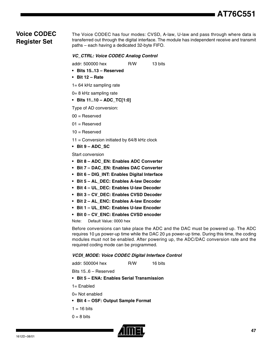 Voice codec register set | Rainbow Electronics AT76C551 User Manual | Page 47 / 77