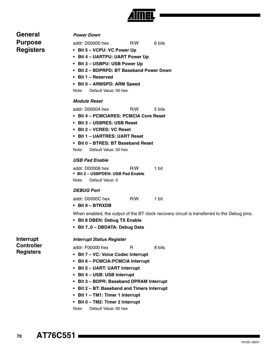 General purpose registers, Interrupt controller registers | Rainbow Electronics AT76C551 User Manual | Page 70 / 77
