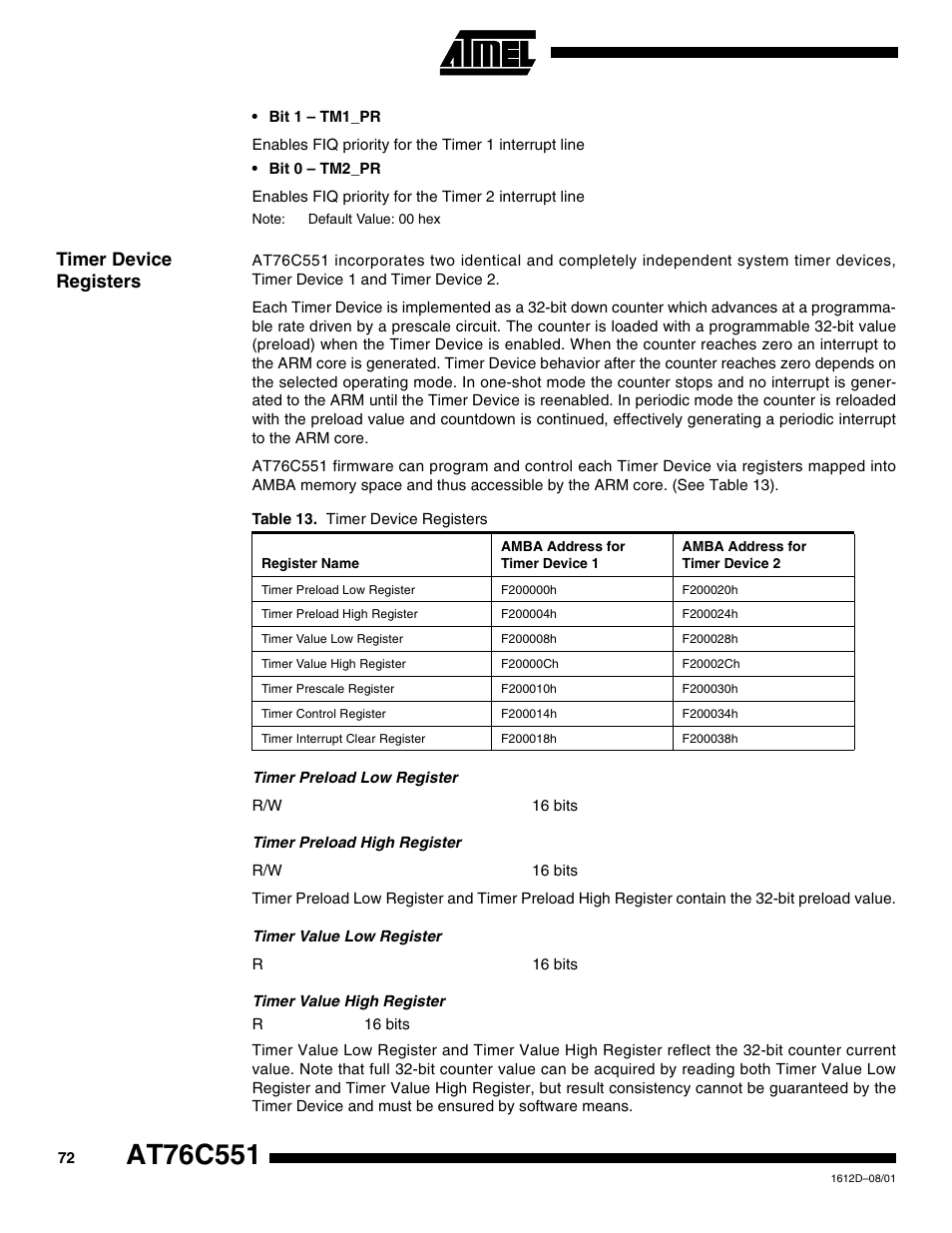 Timer device registers | Rainbow Electronics AT76C551 User Manual | Page 72 / 77