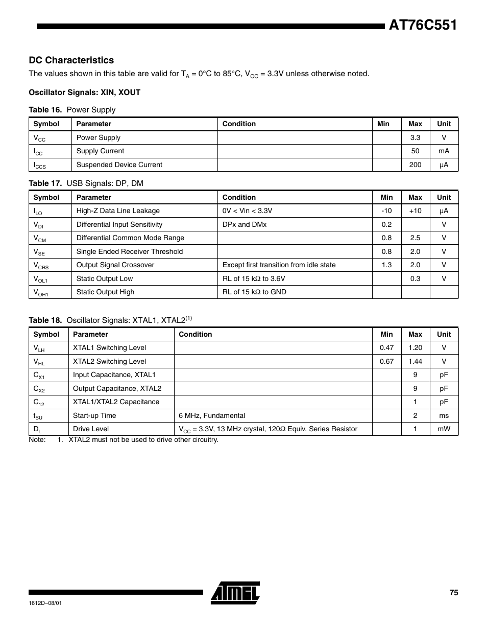 Dc characteristics, Oscillator signals: xin, xout | Rainbow Electronics AT76C551 User Manual | Page 75 / 77