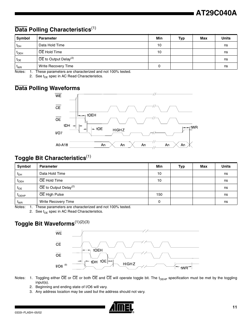 Data polling characteristics(1), Data polling waveforms, Toggle bit characteristics(1) | Toggle bit waveforms(1)(2)(3), Toggle bit waveform s, Data polling characteristics, Toggle bit characteristi cs | Rainbow Electronics AT29C040A User Manual | Page 11 / 17