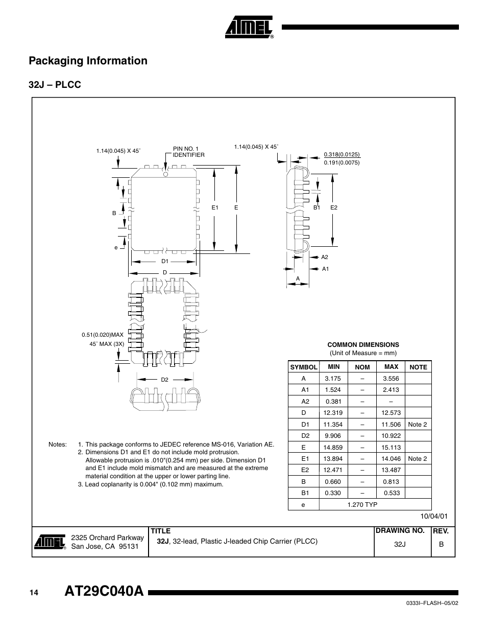 Packaging information, 32j – plcc | Rainbow Electronics AT29C040A User Manual | Page 14 / 17