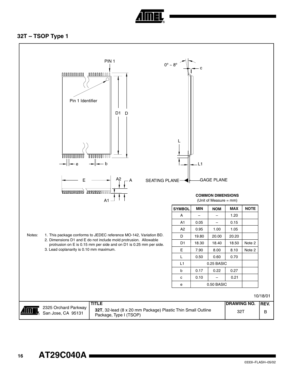 32t – tsop type 1 | Rainbow Electronics AT29C040A User Manual | Page 16 / 17