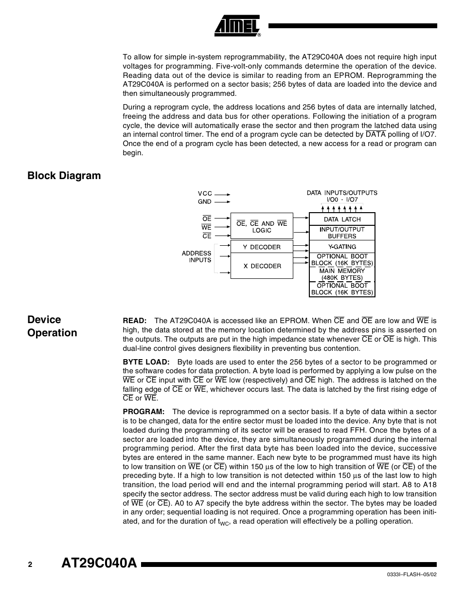 Block diagram, Device operation, Block diagram device operation | Rainbow Electronics AT29C040A User Manual | Page 2 / 17