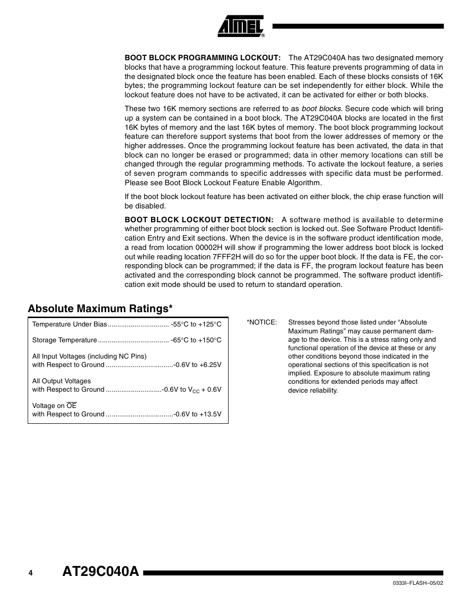 Absolute maximum ratings | Rainbow Electronics AT29C040A User Manual | Page 4 / 17
