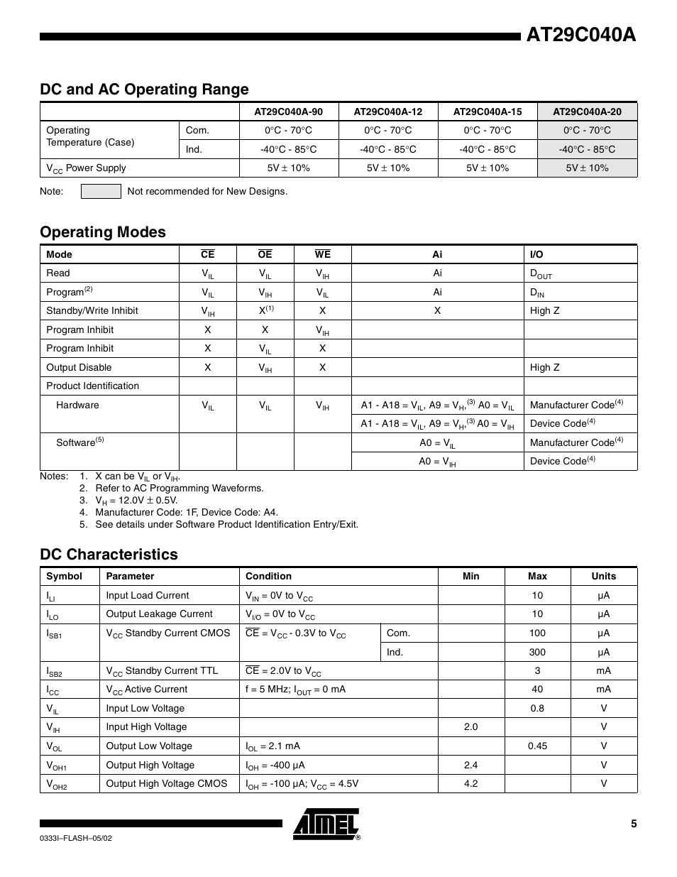 Dc and ac operating range, Operating modes, Dc characteristics | Rainbow Electronics AT29C040A User Manual | Page 5 / 17