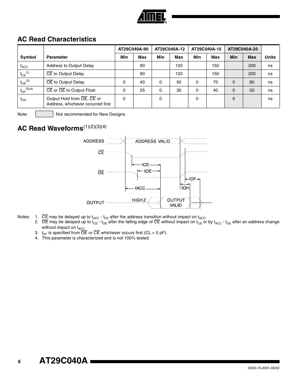 Ac read characteristics, Ac read waveforms(1)(2)(3)(4), Ac read waveforms | Rainbow Electronics AT29C040A User Manual | Page 6 / 17