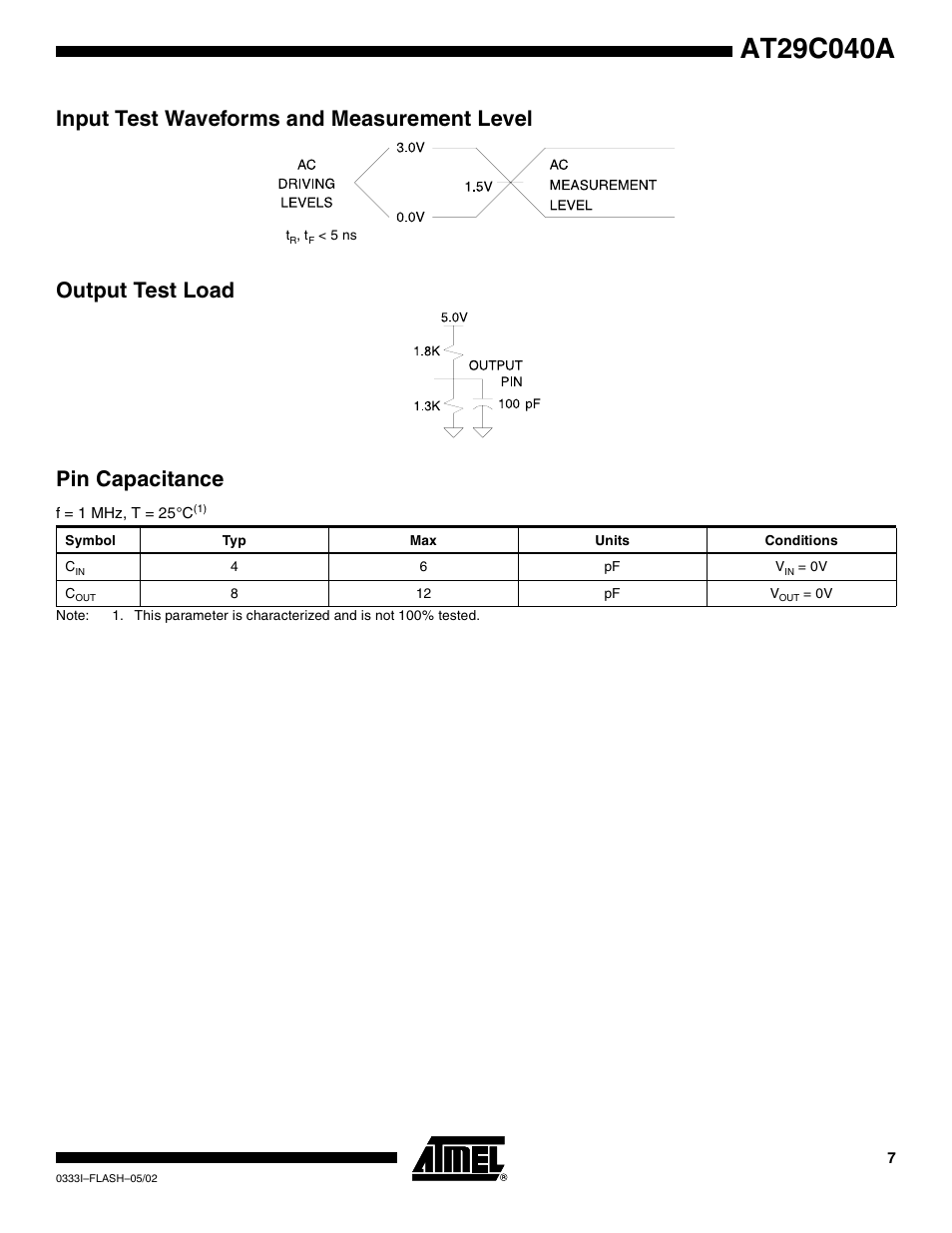 Input test waveforms and measurement level, Output test load, Pin capacitance | Rainbow Electronics AT29C040A User Manual | Page 7 / 17