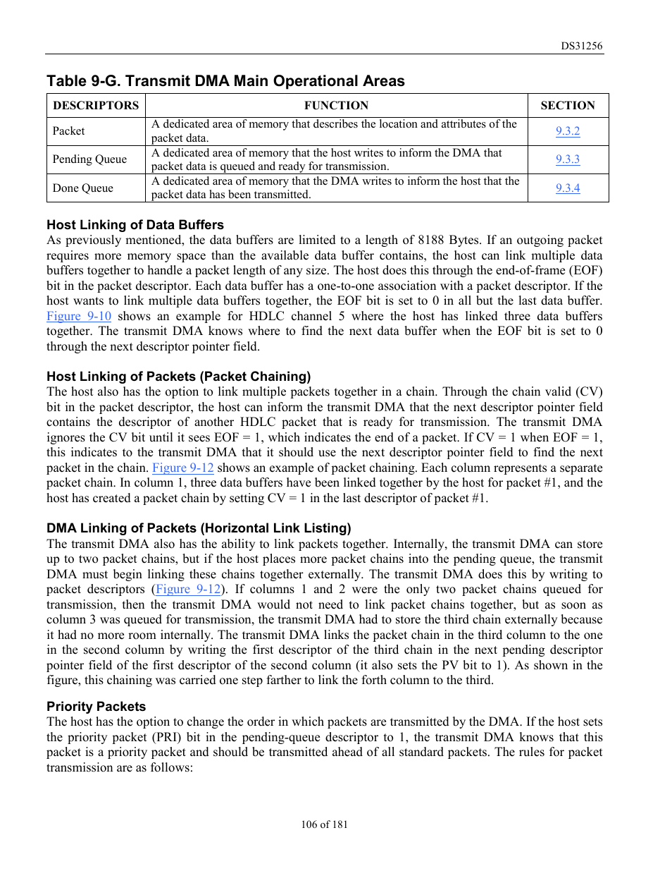 Table 9-g. transmit dma main operational areas, Table 9-g | Rainbow Electronics DS31256 User Manual | Page 106 / 181