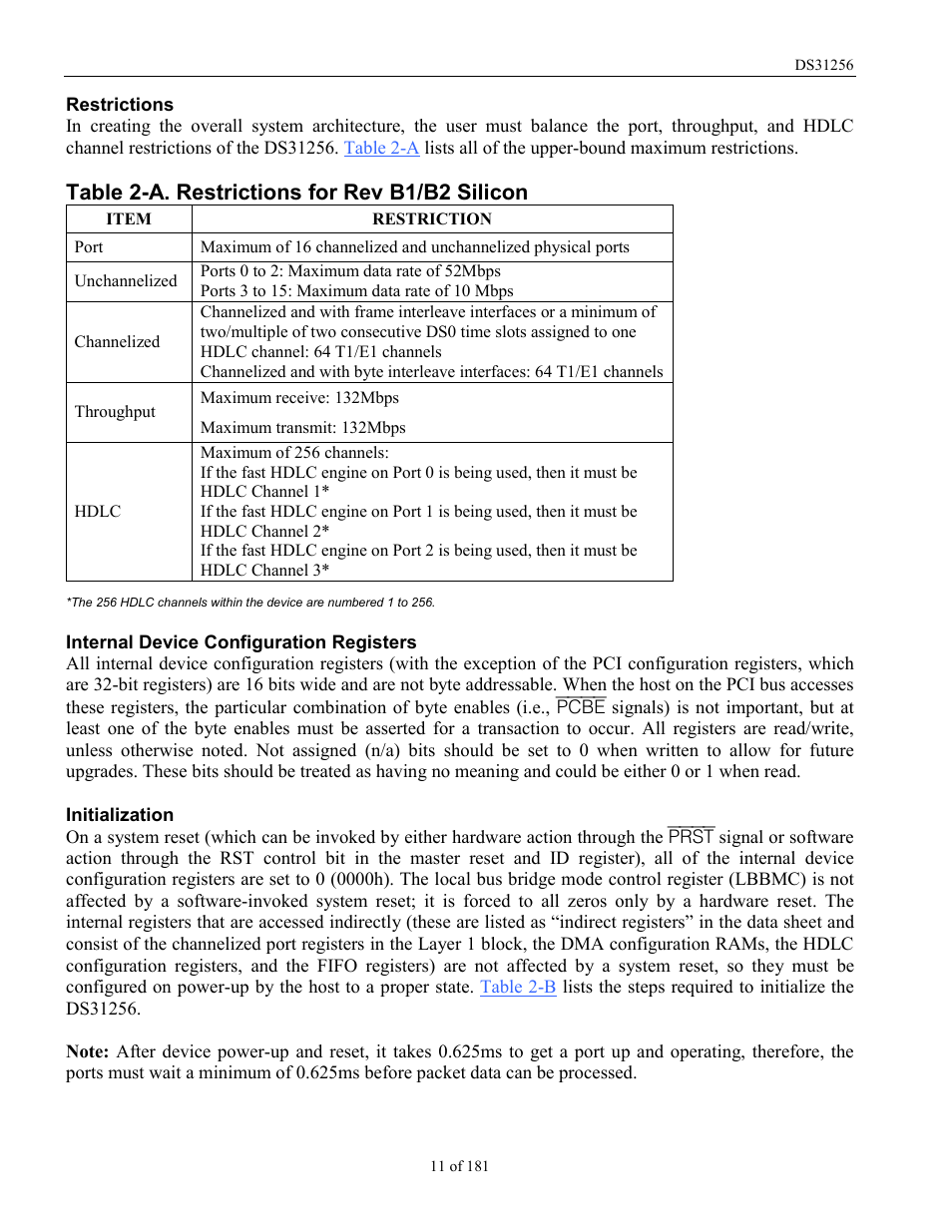 Table 2-a. restrictions for rev b1/b2 silicon | Rainbow Electronics DS31256 User Manual | Page 11 / 181