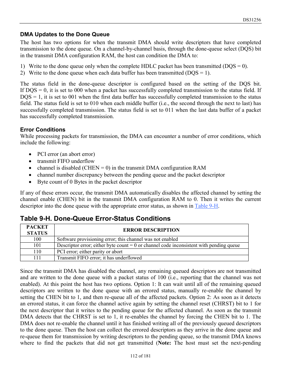 Table 9-h. done-queue error-status conditions | Rainbow Electronics DS31256 User Manual | Page 112 / 181
