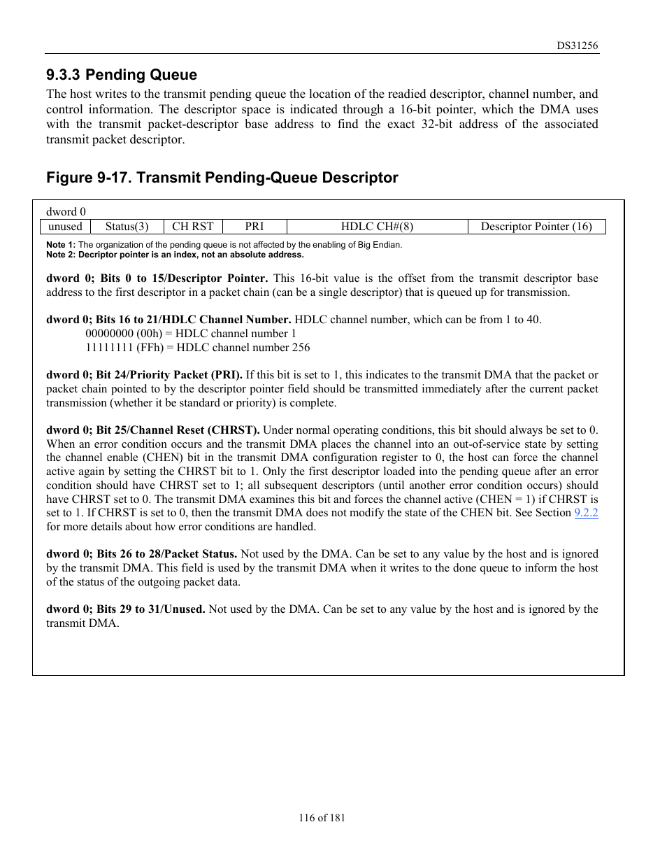 Pending queue, Figure 9-17. transmit pending-queue descriptor, 3 pending queue | Rainbow Electronics DS31256 User Manual | Page 116 / 181