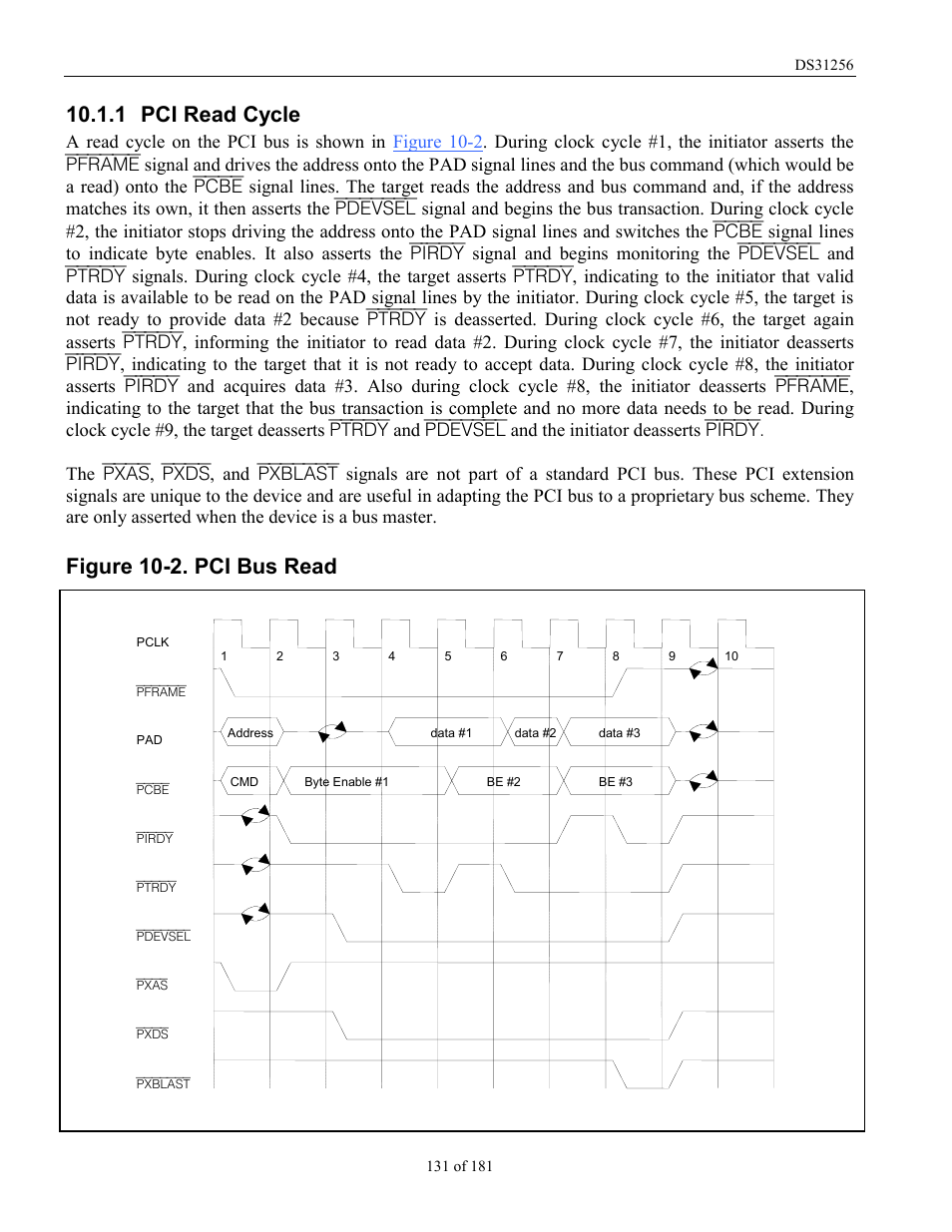 Pci read cycle, Figure 10-2. pci bus read, 1 pci read cycle | Rainbow Electronics DS31256 User Manual | Page 131 / 181