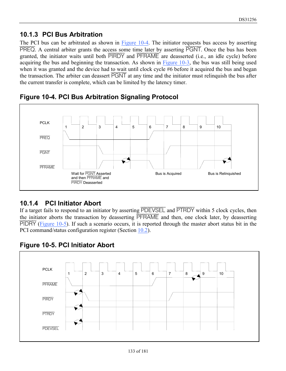 Pci bus arbitration, Pci initiator abort, 3 pci bus arbitration | 4 pci initiator abort, Figure 10-5. pci initiator abort | Rainbow Electronics DS31256 User Manual | Page 133 / 181