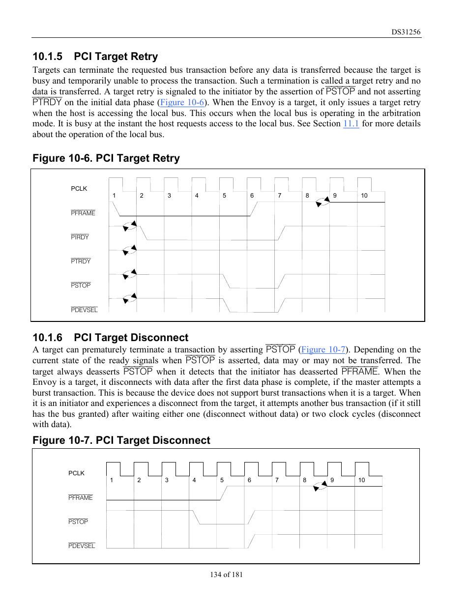 Pci target retry, Pci target disconnect, 5 pci target retry | Figure 10-6. pci target retry, 6 pci target disconnect, Figure 10-7. pci target disconnect | Rainbow Electronics DS31256 User Manual | Page 134 / 181