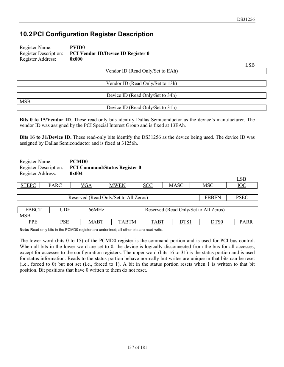 Pci configuration register description, Pci c, Onfiguration | Egister, Escription, The following, Section, 2 pci configuration register description | Rainbow Electronics DS31256 User Manual | Page 137 / 181