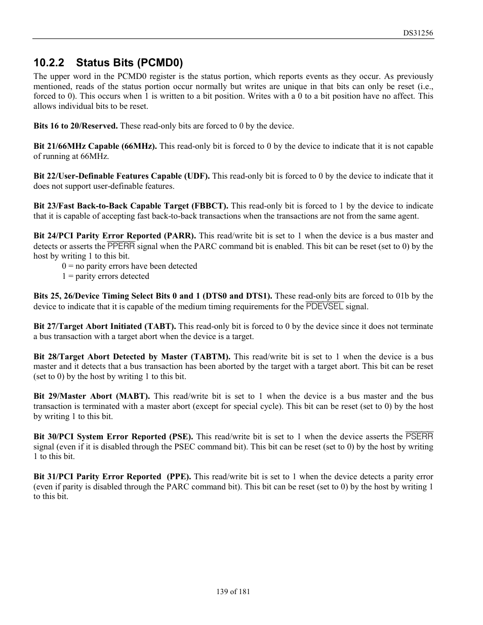 Status bits (pcmd0), 2 status bits (pcmd0) | Rainbow Electronics DS31256 User Manual | Page 139 / 181