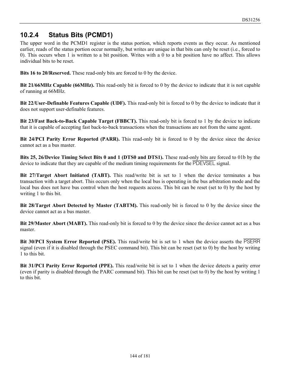 Status bits (pcmd1), 4 status bits (pcmd1) | Rainbow Electronics DS31256 User Manual | Page 144 / 181