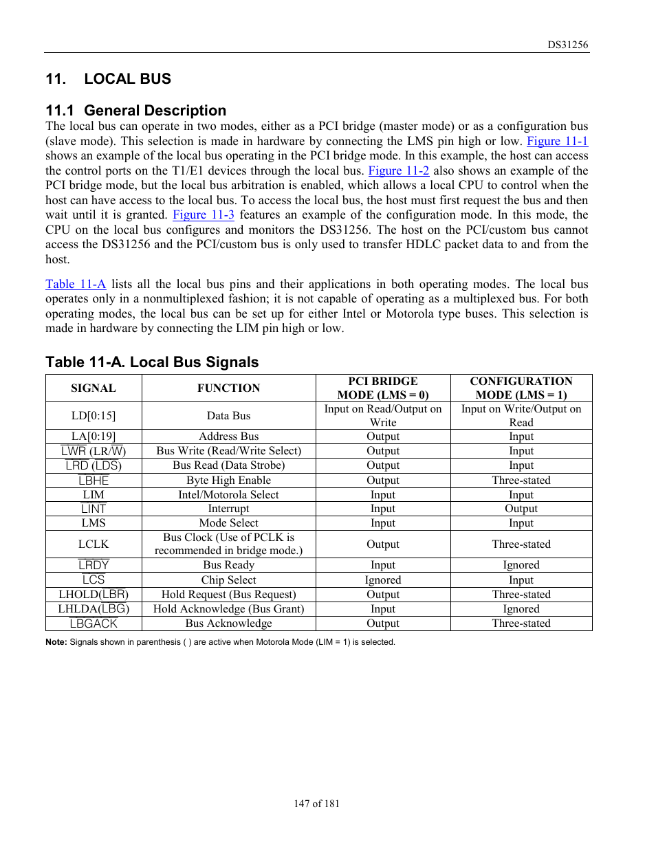 Local bus, General description, Eneral | Escription, Table 11-a. local bus signals, Tion, For details about lo, 1 general description | Rainbow Electronics DS31256 User Manual | Page 147 / 181